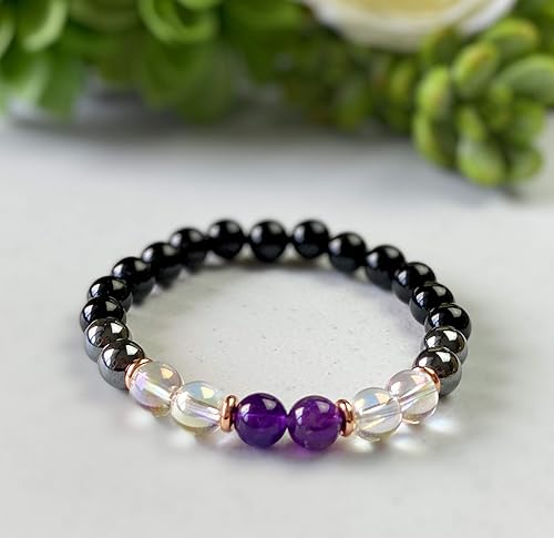 Protection Healing Gemstone Mala Beaded Bracelet, 8mm Empath Amethyst, Angel aura quartz, Hematite, and Black tourmaline Beaded Bracelet, Spiritual
