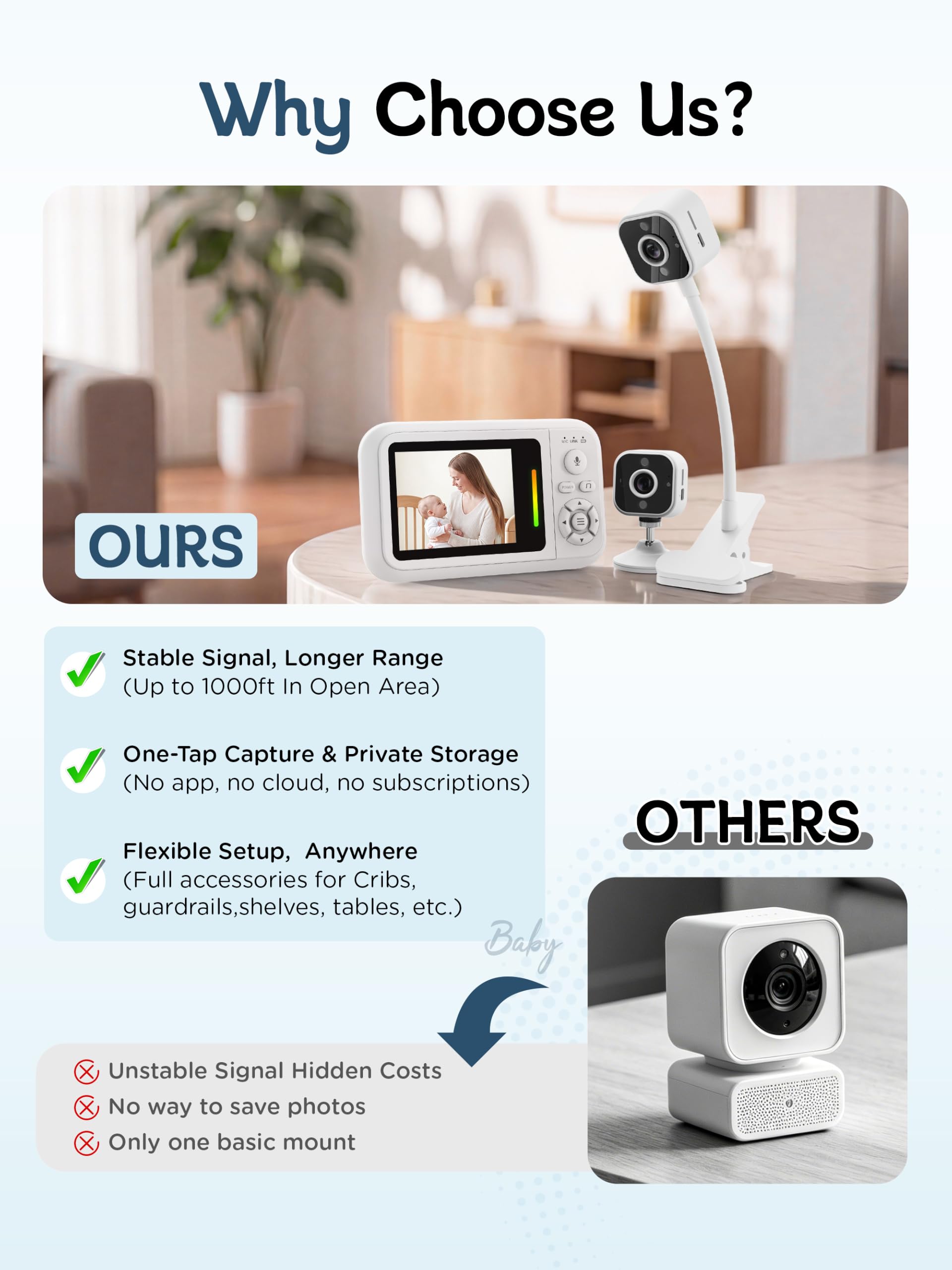 Moniteur bébé avec caméra et vision nocturne, sans WiFi, avec clip de lit et support