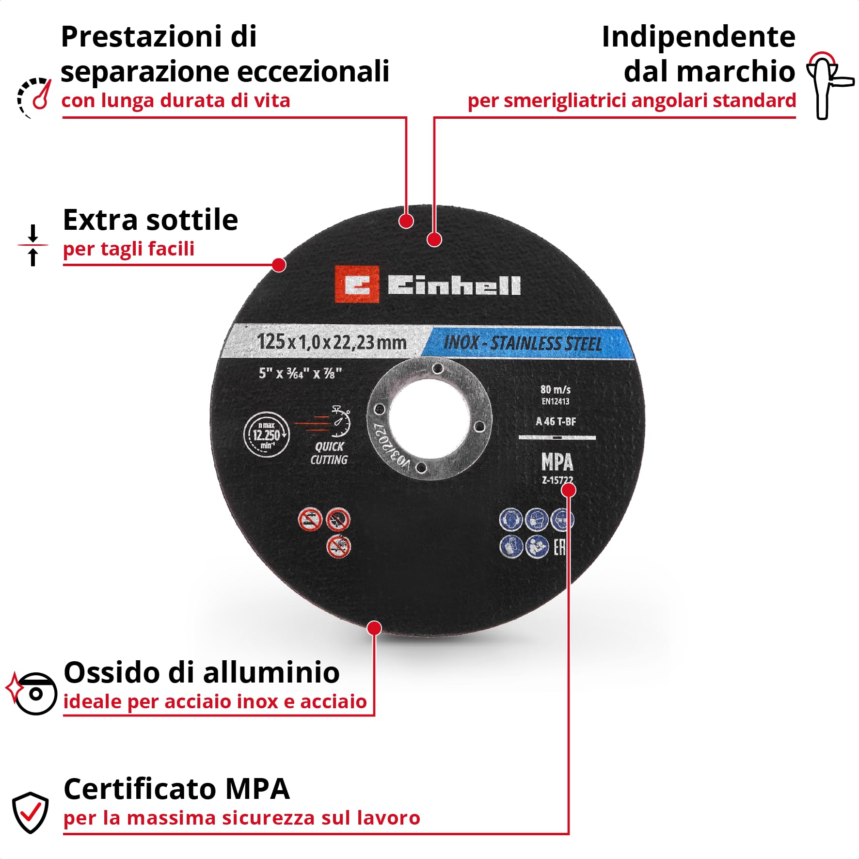 Einhell 50 dischi da taglio sottili, Inox, Ø 125 x 1 mm | Taglio di precisione | lavorazione del metallo | foro da 22,23 mm | certificato MPA | versione piana | confezione inclusa