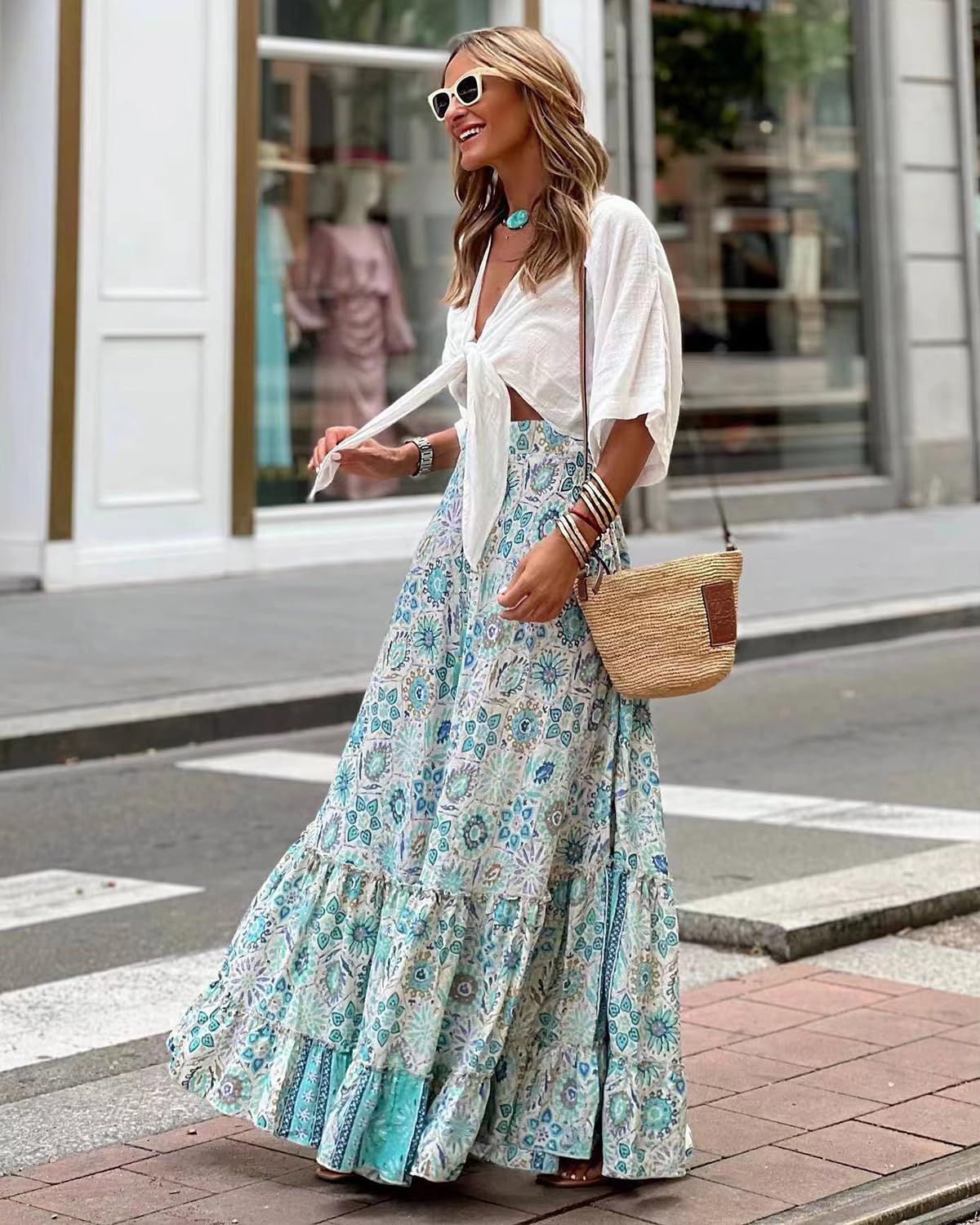 LIAMERHE Jupe Longue Femme d'été Maxi Jupe Bohème Ligne A Taille Haute Élastique Jupes Imprimé Jupe de Plage Jupe de Loisirs Décontractée Chic
