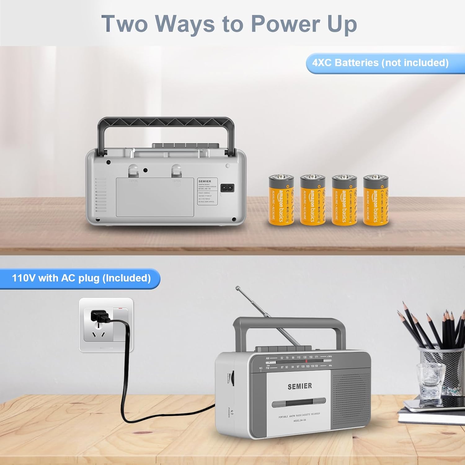 SEMIER Retro Cassette Player showing AC power cord and battery compartment