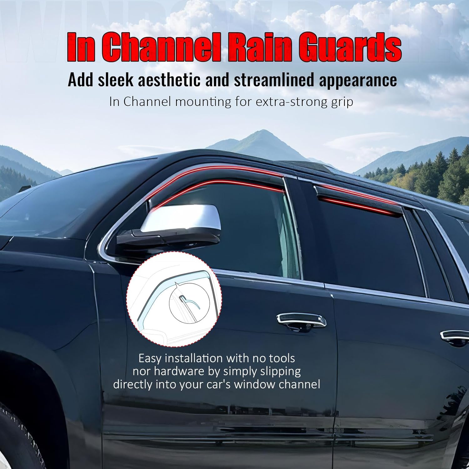 IKON MOTORSPORTS in Channel Window Visors Compatible with 2015-2020 Cadillac Escalade & Chevrolet Tahoe & GMC Yukon, Acrylic Smoke/Tinted Rain Guards, Side Window Wind Deflectors 4PCS