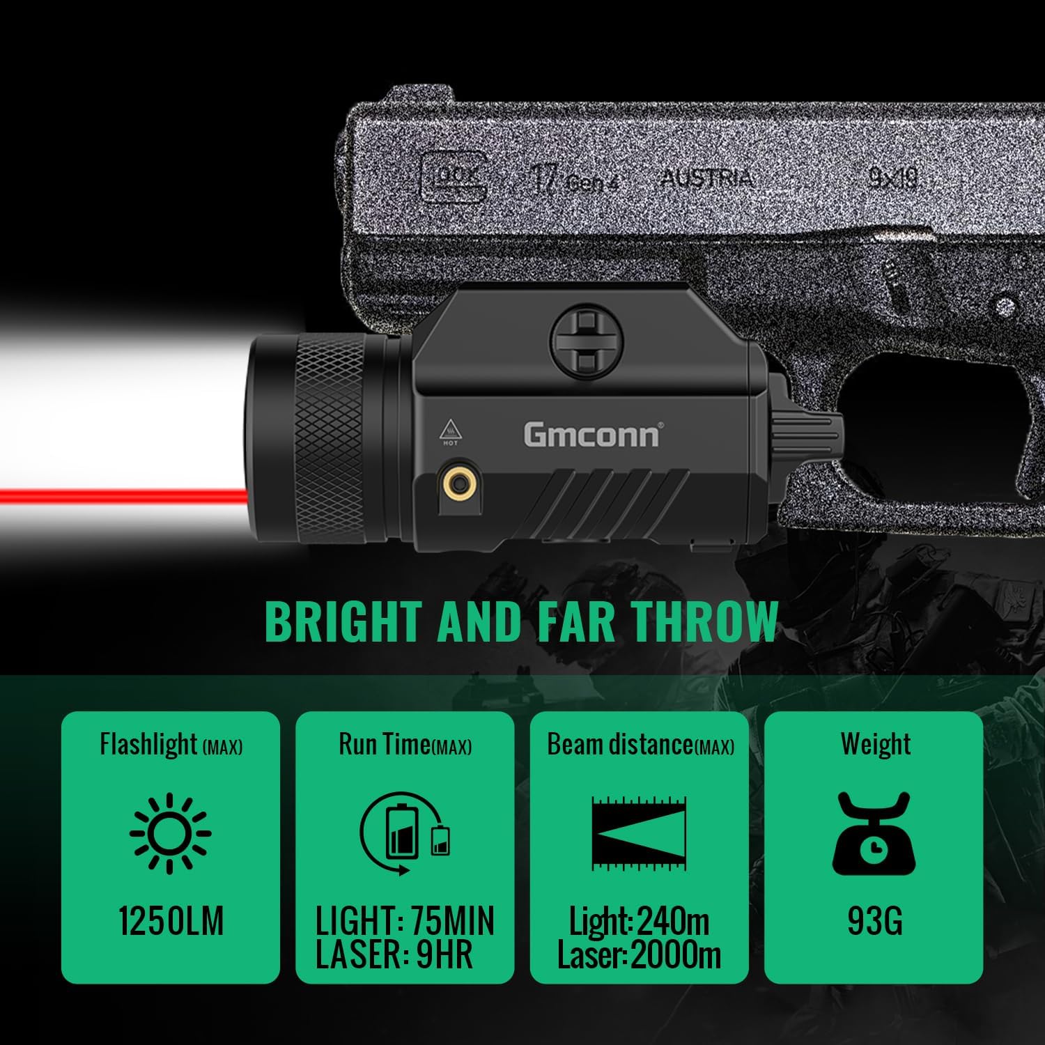 Gmconn 1250 Lumen Tactical Flashlight Red Laser Light Combo, Rechargeable Pistol Light with Strobe/Momentary Compatible with Picatinny