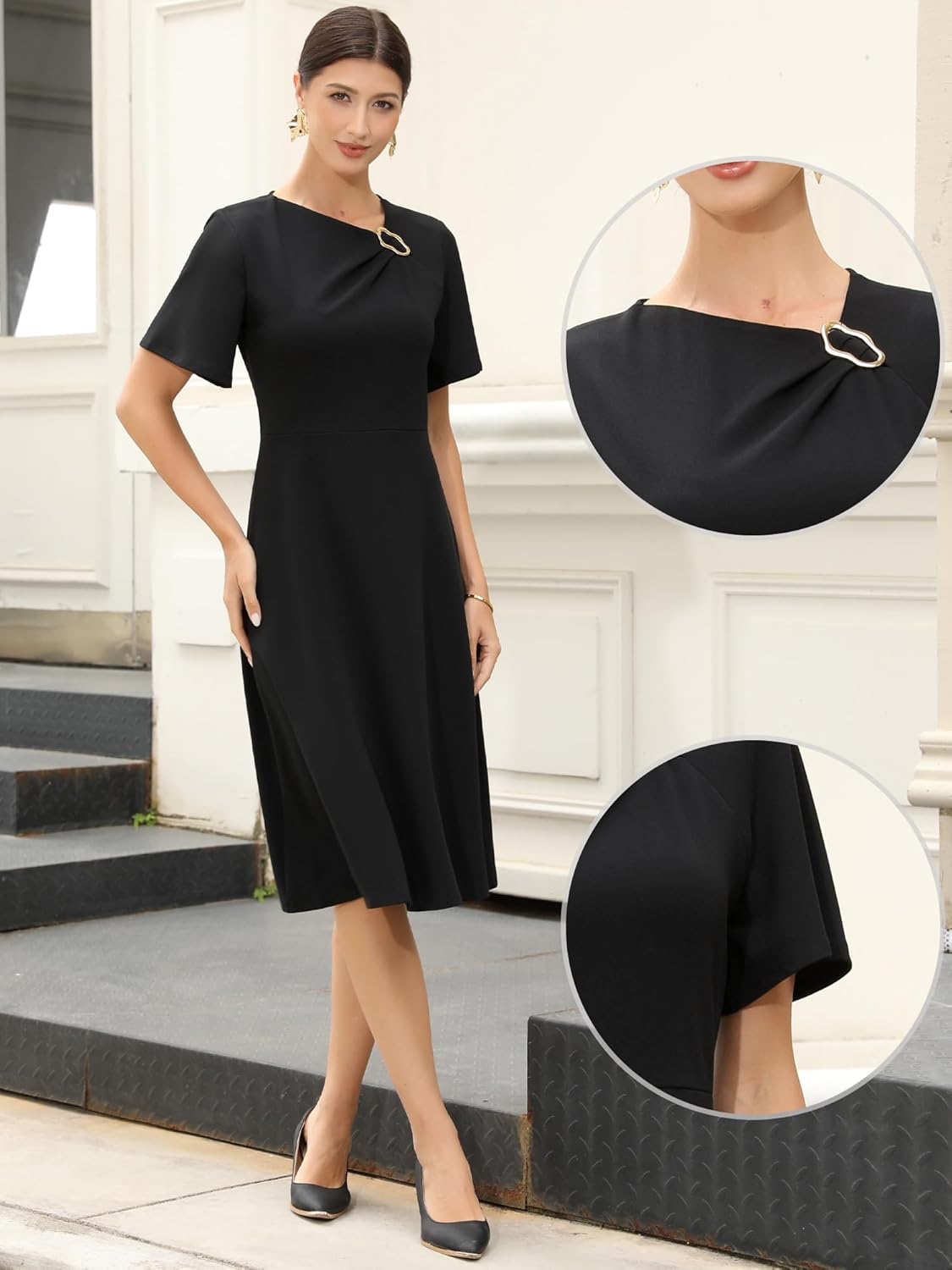 Allegra K Formal Dress for Women Short Sleeve A-Line Work Business Elegant Dresses Wedding Guest Clothes - Image 4