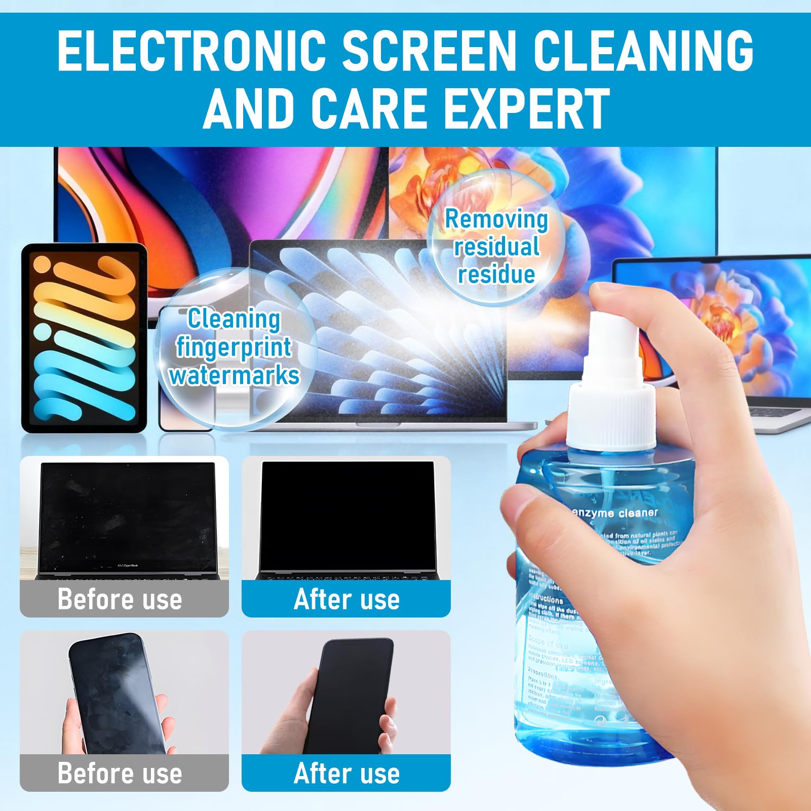 200ml Kit Pulizia Pc, Detergente Schermi Elettronici, Pulisci Schermo Pc + Panno Microfibra Schermo, Spray Pulizia Schermo per Monitor, Laptop, Tablet, Display di Computer