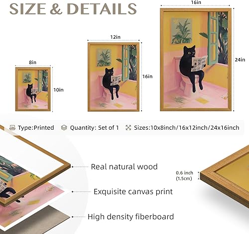 Miniatura 7 de Cyebmo Funny Bathroom Wall Art, Cute Black Cat Sitting on Toilet Reading Newspaper Wall Decor, Whimsical Pink Abstract Animal Canvas Artwork for