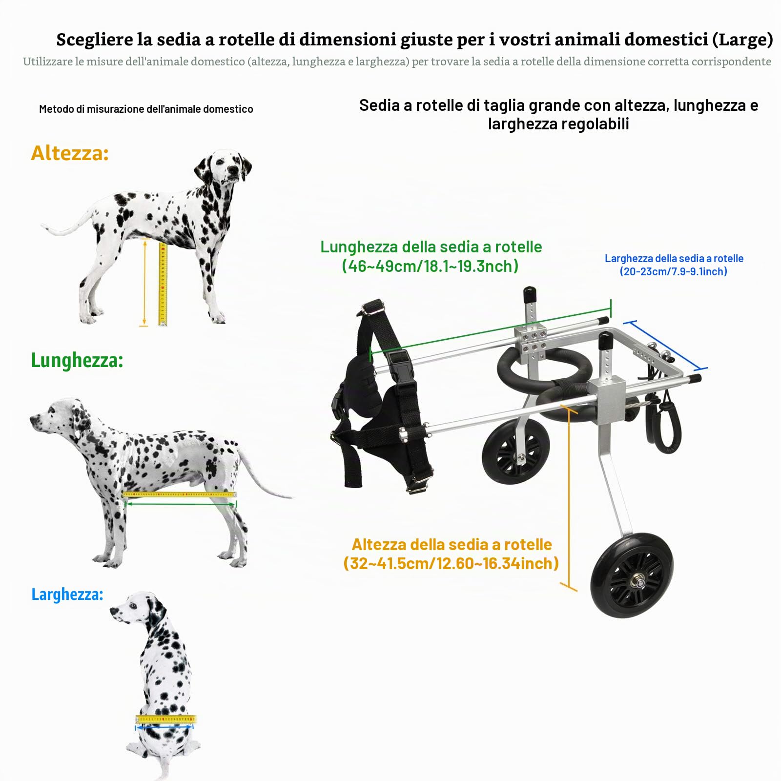 Grande sedia a rotelle regolabile per cani e animali domestici, per zampe posteriori - Carrello a 2 ruote per riabilitazione, adatta per zampe posteriori da 31 a 41 cm, cani da 9 a 20 kg