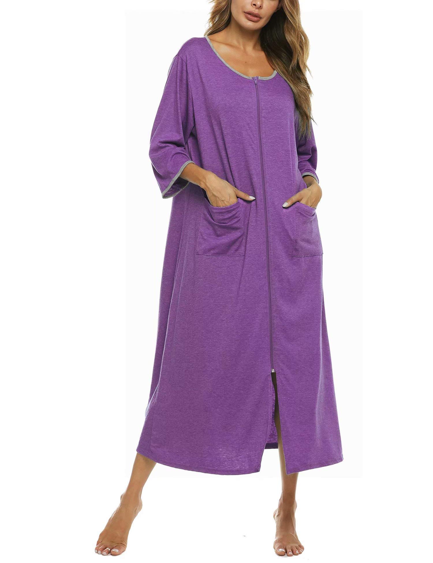 Zipper Front Robes Women House Coat Half Sleeve Loungewear Long Nightgown with Pockets S-XXL