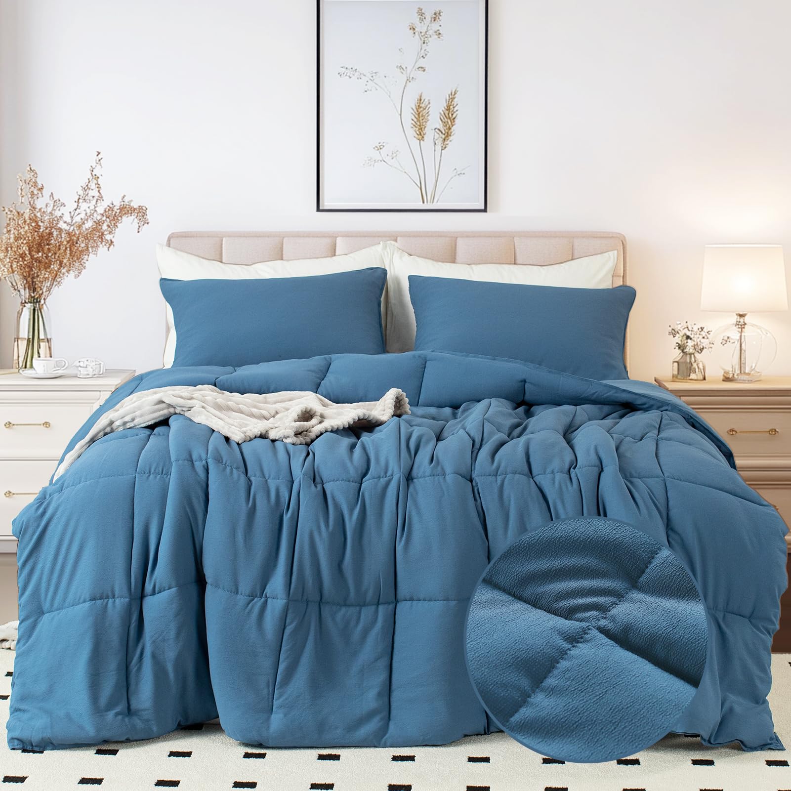 KASENTEX Queen Comforter Set - Boho Seersucker Design, Down Alternative Fill,Duvet Insert Box Stitch Quilting, Fluffy and Soft, All Season, Machine Washable, 3 Pieces with 2 Pillow Shams, Dark Blue