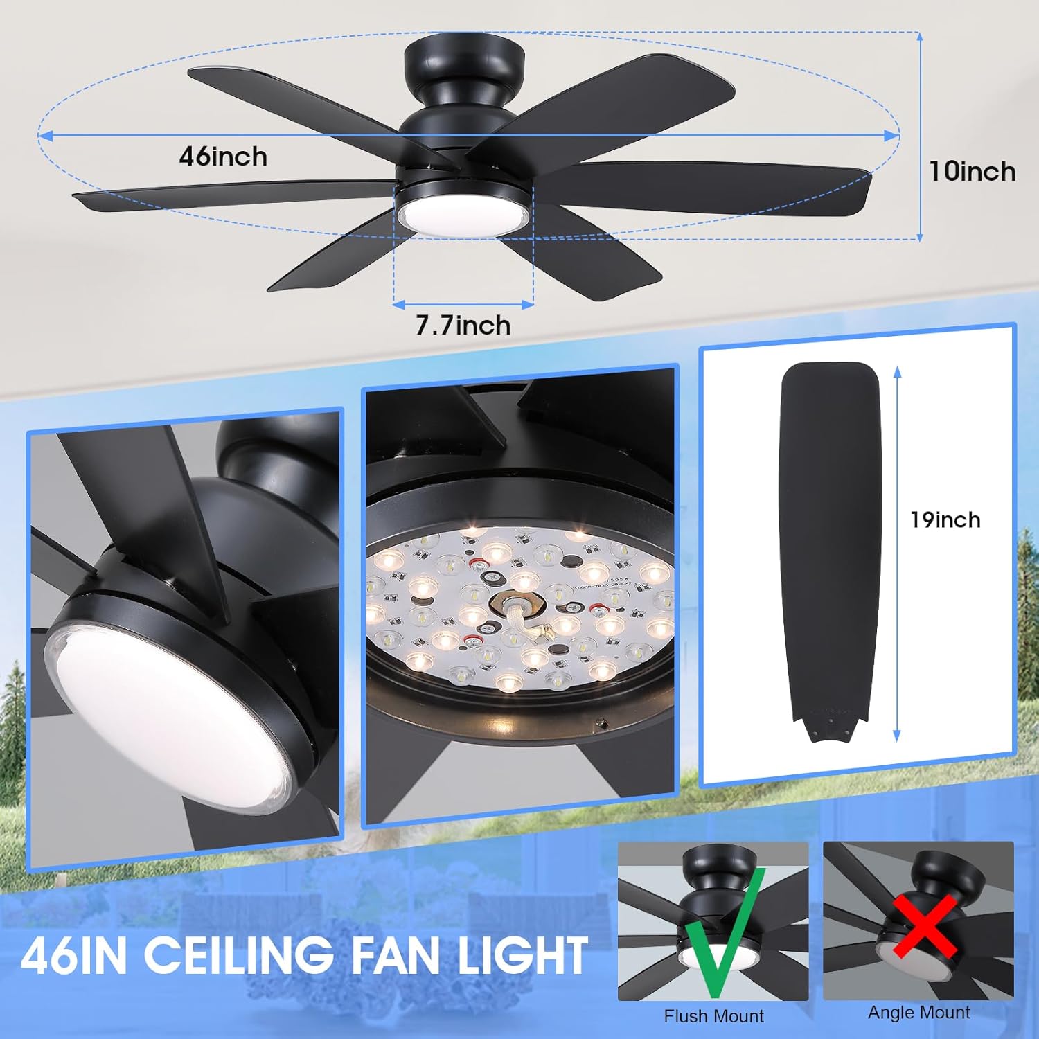 46 Inch Modern Ceiling Fans with Lights Remote Control, Low Profile Flush Mount Ceiling Fan, 6 Reversible Plastic Blades, 6 Speeds 3 CCT Dimmable LED Lights for Bedroom Living Room, Black