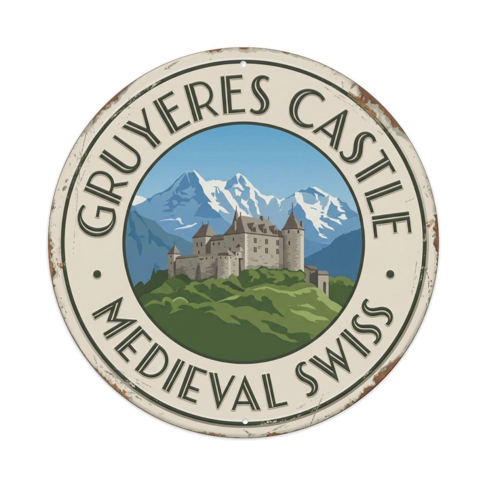 Gruyeres Castle Medieval Switzerland Fortress Metal Tin Sign Plaque Wall Decor for Cafe, Club Bar, Office, Home Garden Round Metal Poster 8x8Inch