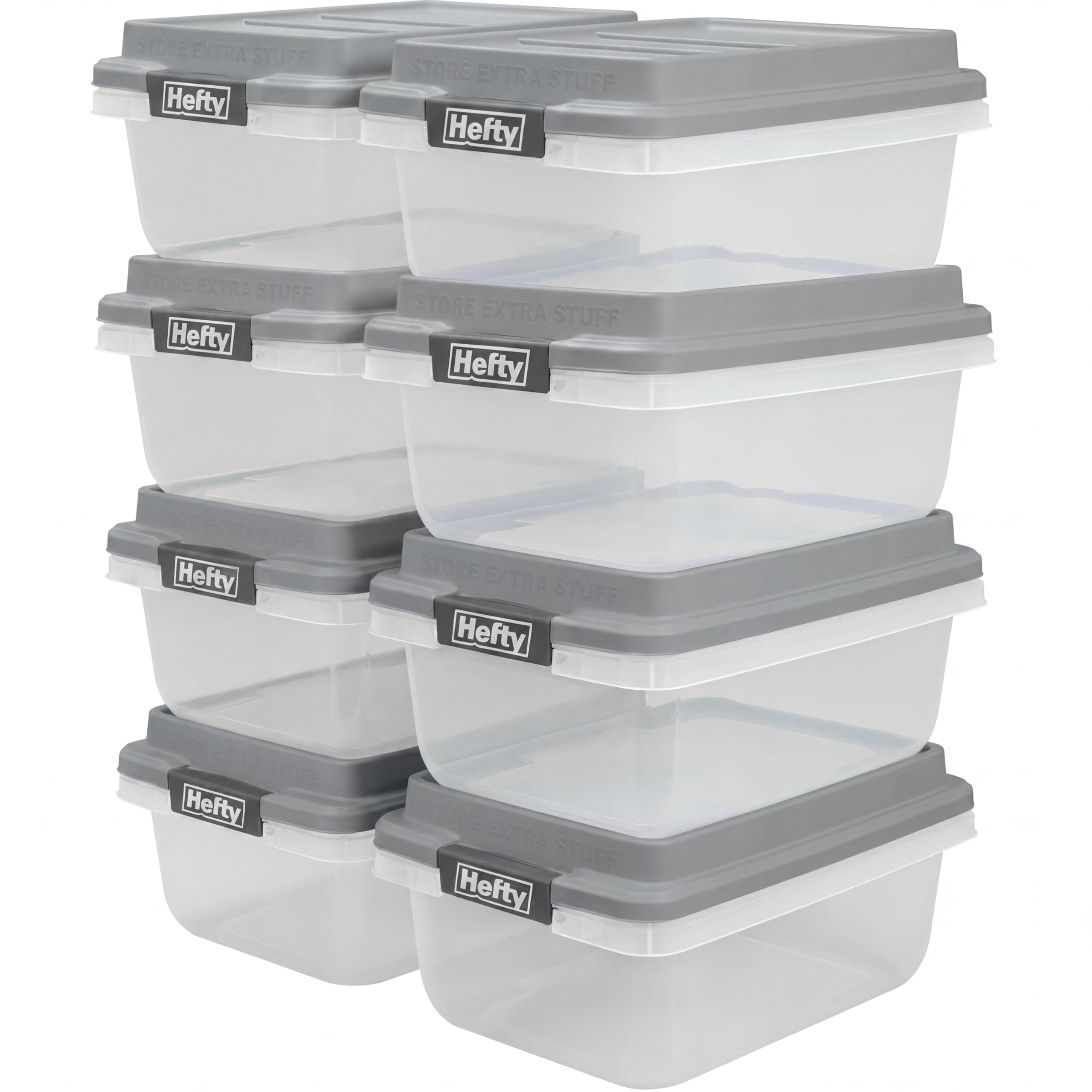 Hefty 18 Qt Hi-Rise Storage Bin with Lid, Stackable Plastic Storage Container, Organizer for Home, Garage & Closet, 8 Pack, Gray