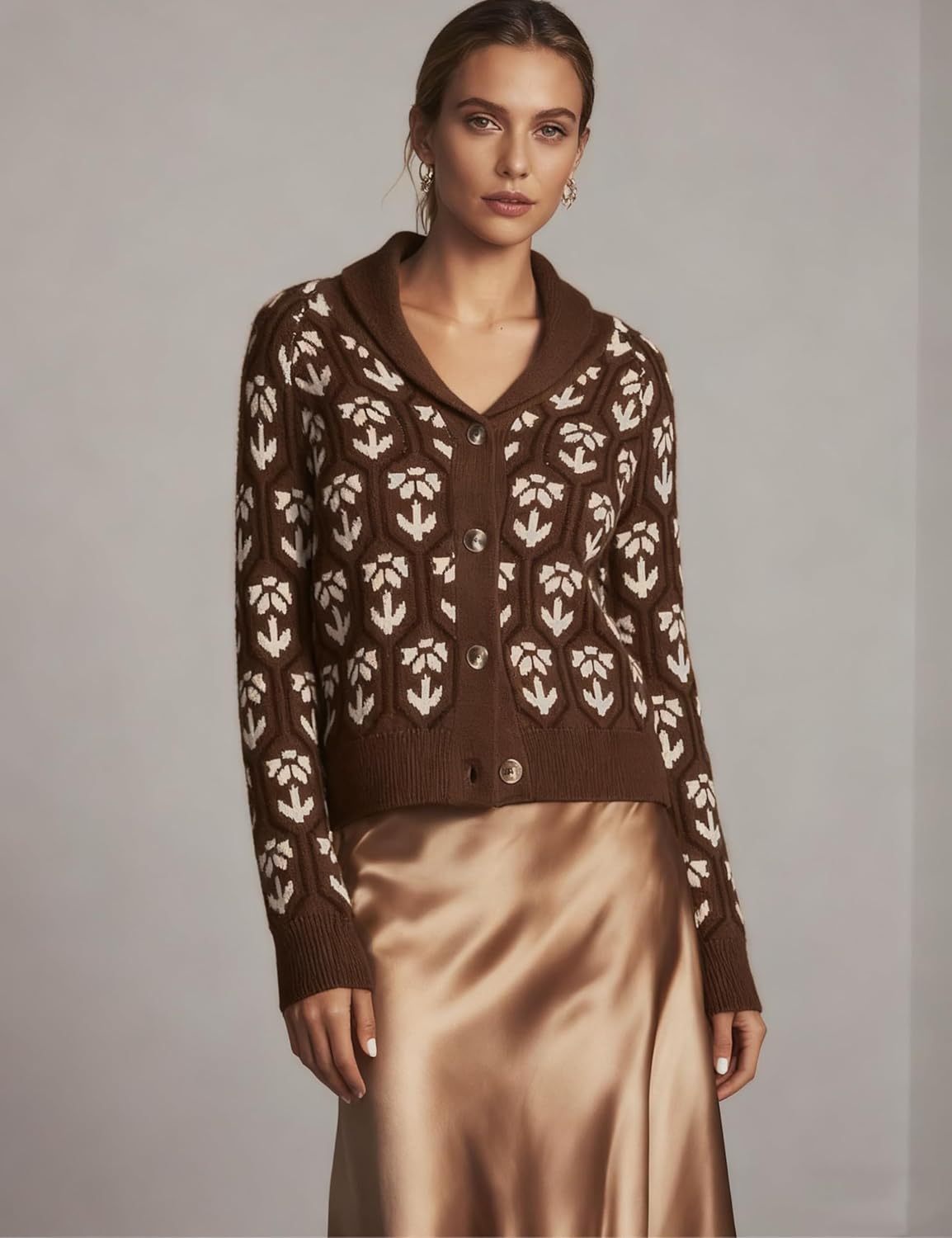 Women Floral Cropped Cardigan Sweaters Shawl Collar Long Sleeve Button Down Knit Jacket Flower Print Knitwear(Brown-S) - Image 7