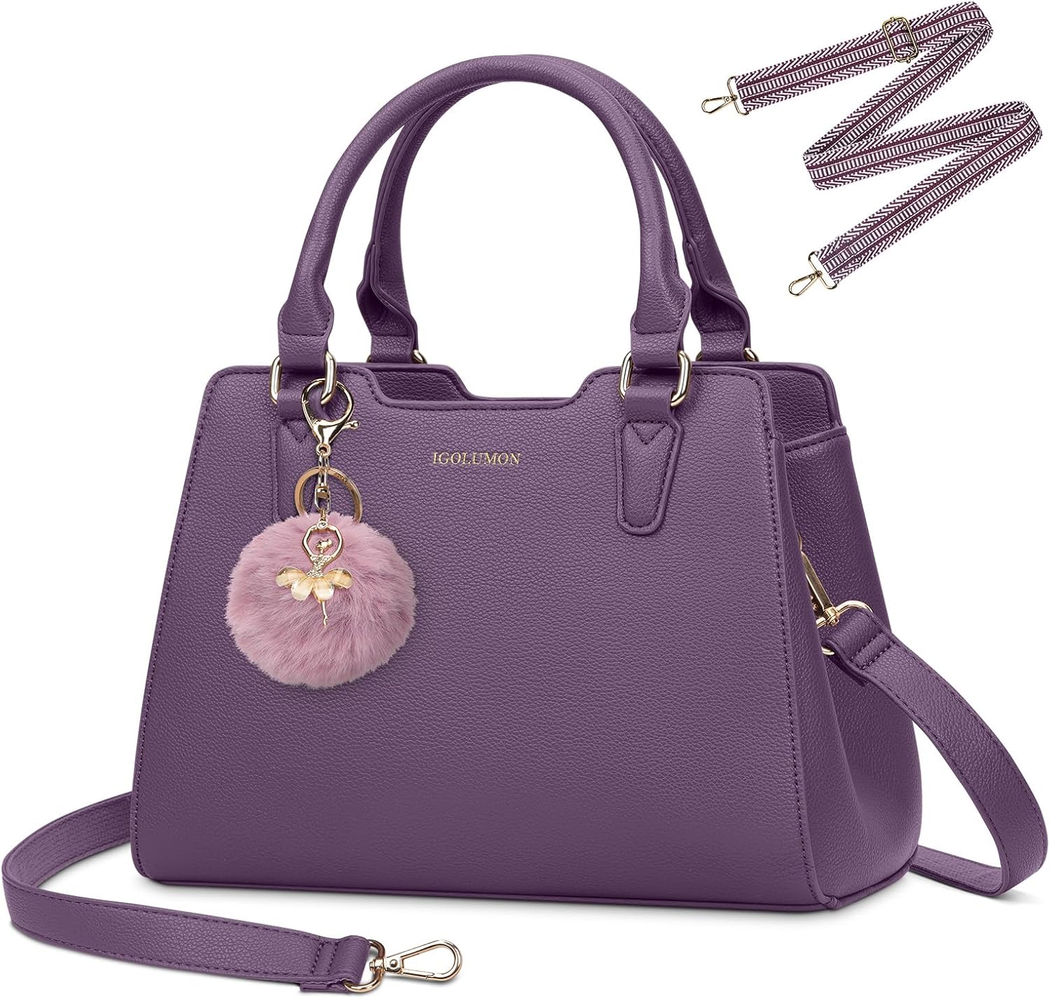 IGOLUMON Women's Top-Handle Handbags PU Vegan Leather Satchel Purses for Women Designer Tote Purse Handbag with Cute Pompom