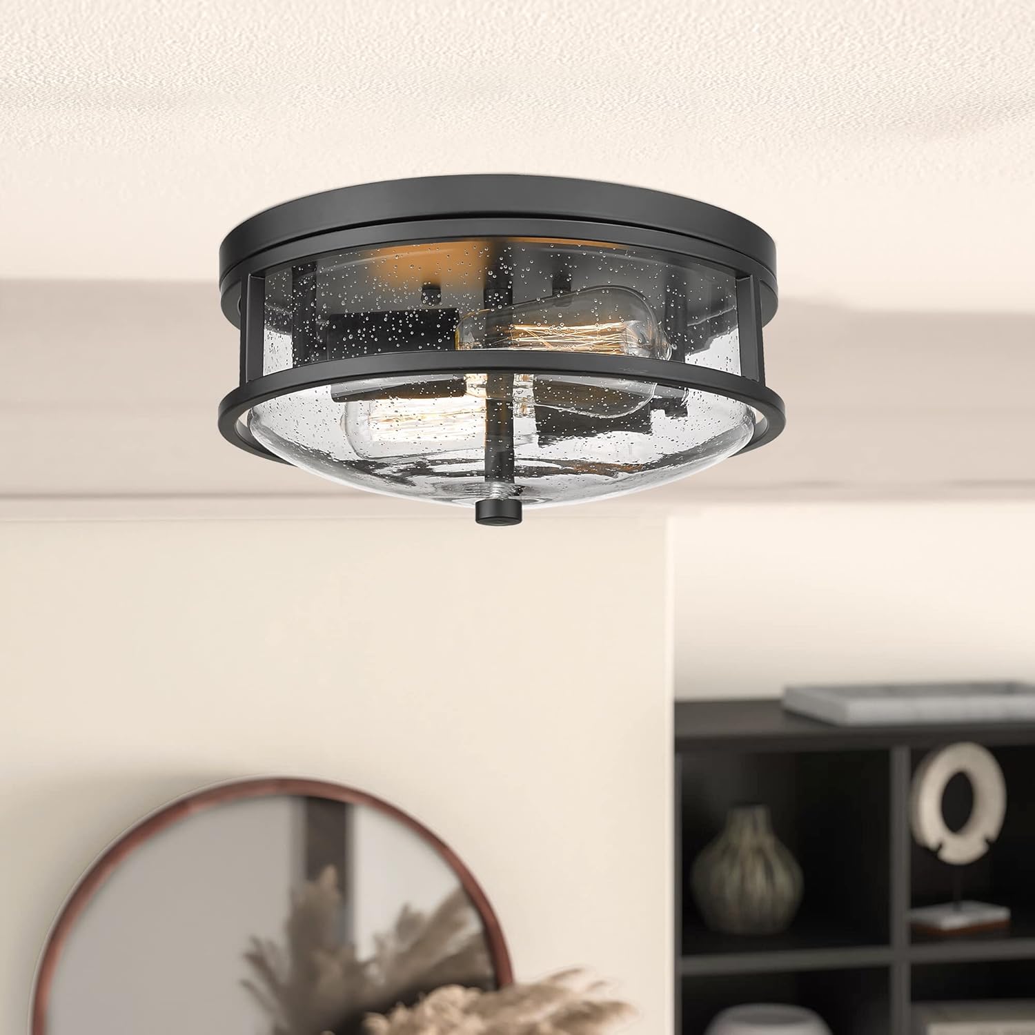 Flush Mount Ceiling Light Fixture, 12 Inch 2-Light Modern Farmhouse Semi Ceiling Light with Seeded Glass for Bedroom, Entryway, Kitchen, Hallway, ROS88 BK