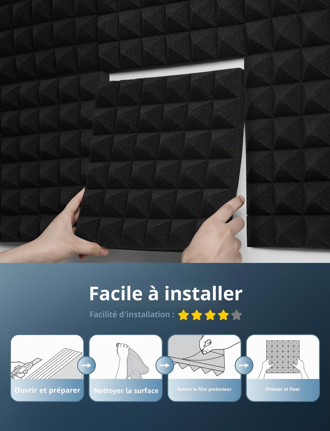 Mousse Acoustique Autocollante, Lot de 24 Panneaux Acoustique, 30 X 30 X5cm, Mousse Anti Bruit, Gaming, Podcasting, Studio d'enregistrement, Bureaux
