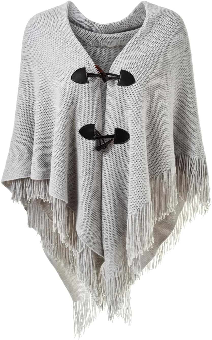 Ferand Women’s Loose Fitting Poncho Cape Shawl with Stylish Horn Buttons, V Neckline and V Hem