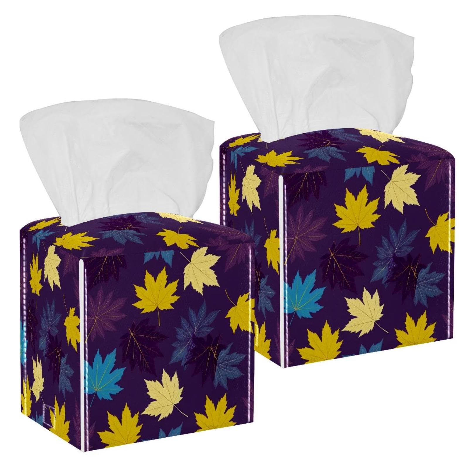 Artistic Leaves Tissue Box Cover, 2 Pack PU Leather Square Facial Tissue Dispenser Box holder for Home Office Car