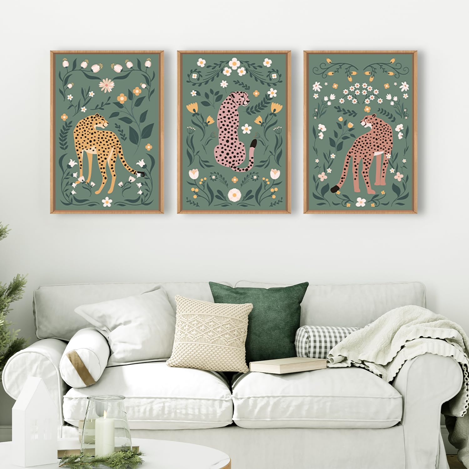 KAIRNE Sage Green Cheetah Botanical Framed Canvas Wall Art Set-24"x36"x3 | Boho Leopard Floral Wall Decor,Abstract Animal Wildflower Art Prints,Nature Whimsical Artwork for Living Room,Bedroom,Office