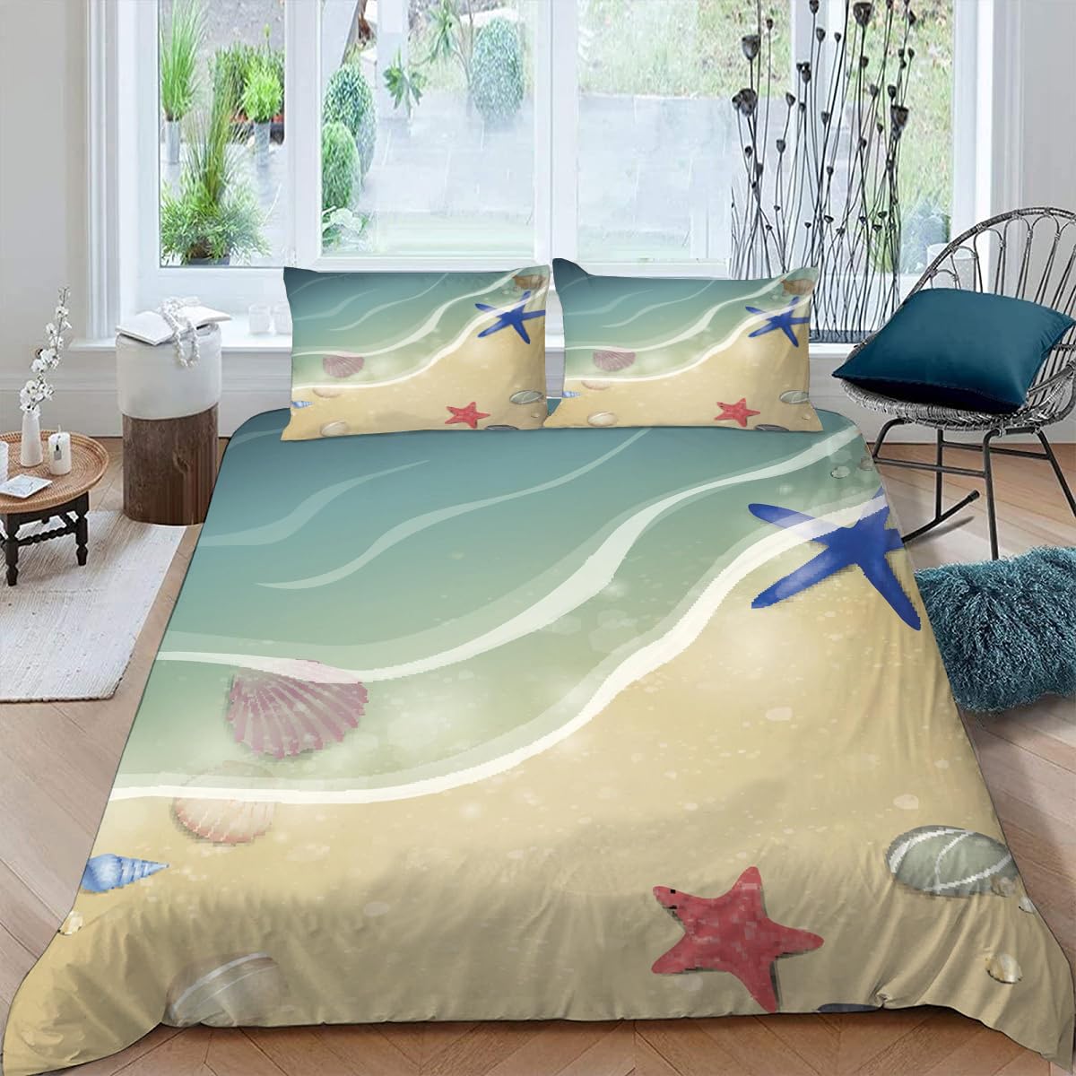 Housse de Couette Étoile de Mer 240x260 Parure de Lit Facile à Enfiler