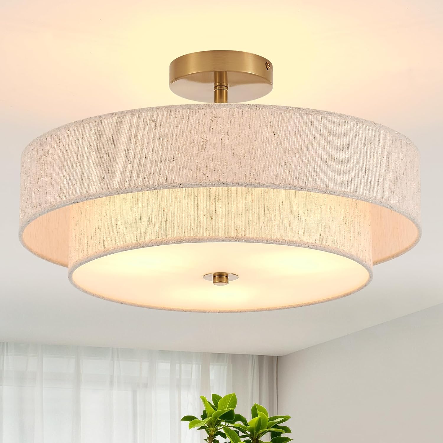 17.7" White Semi Flush Mount Ceiling Light, Linen 3-Light Fixture thumbnail