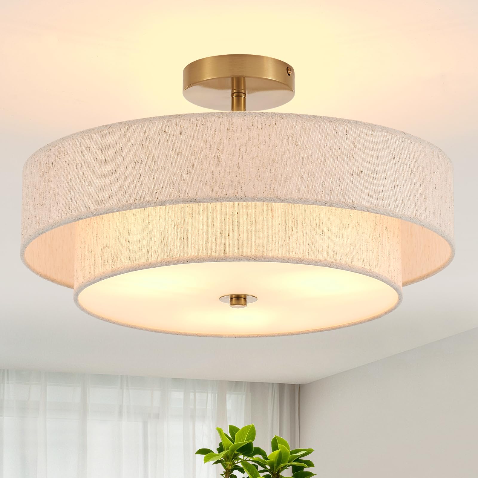 Globe Electric 63357 13 in. 2-Light Semi-Flush Mount Ceiling Light, Brushed Nickel, Chrome Accents, Frosted Glass Shade