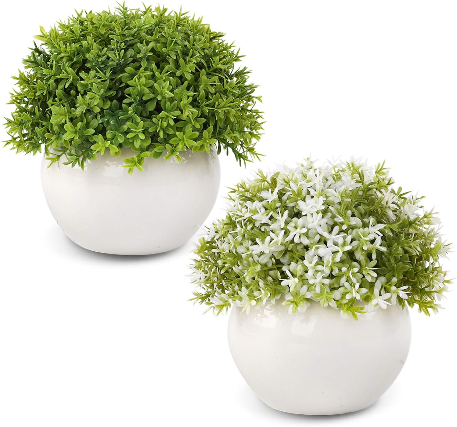 Wholine 2 Packs Artificial Mini Potted Plants Small Fake Green Grass Shrubs with White Pot for Home Office Desk Bathroom Room Decor