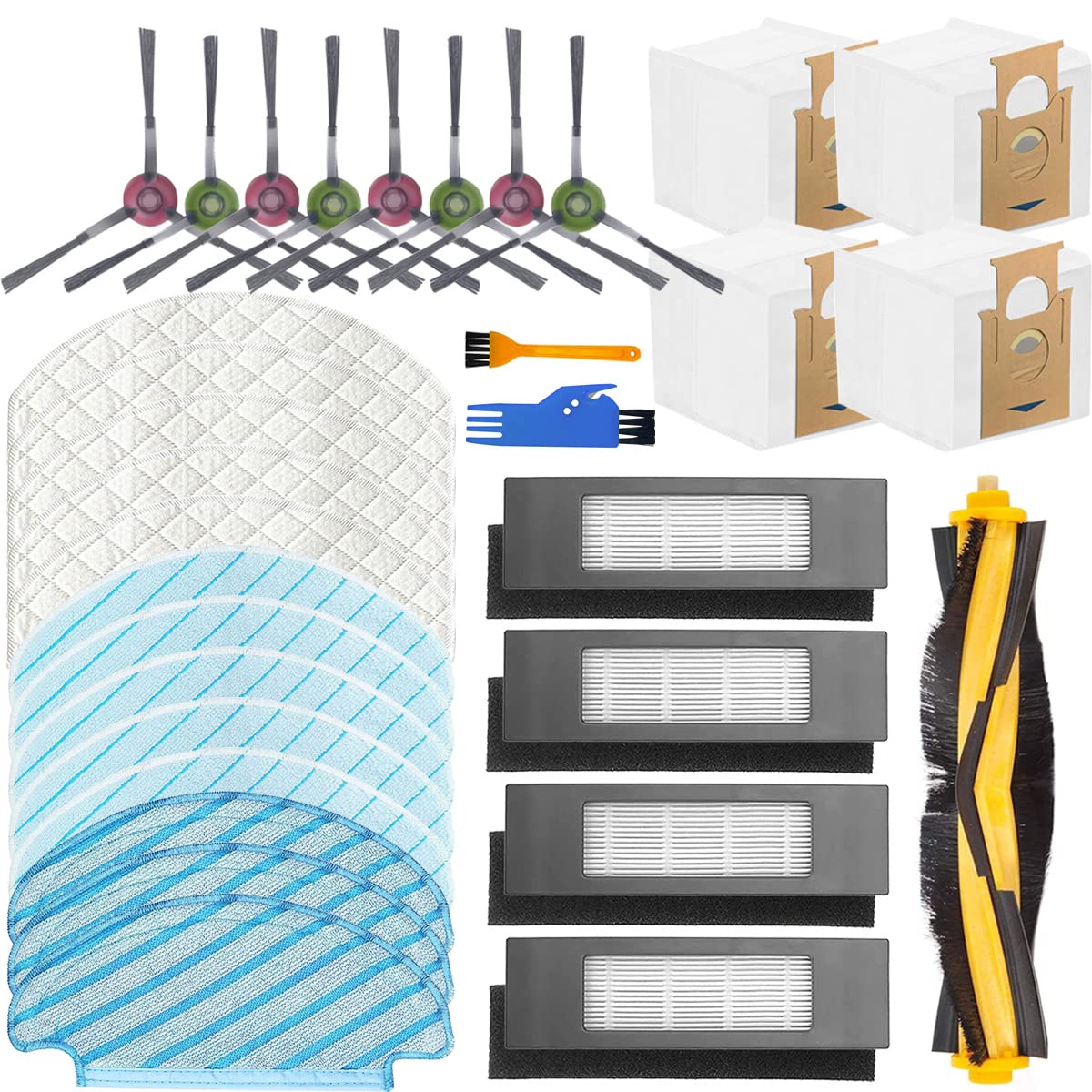 QAQGEARReplacement Spare Parts for Ecovacs DEEBOT OZMO T8 AIVI T8 Max T8 N8 Pro N8 Pro Plus Robot Vacuum Cleaner, Accessories Kit 1 Main Brush, 8 Side Brush, 4 Filter, 13 Mop Pads, 4 Dust Bags