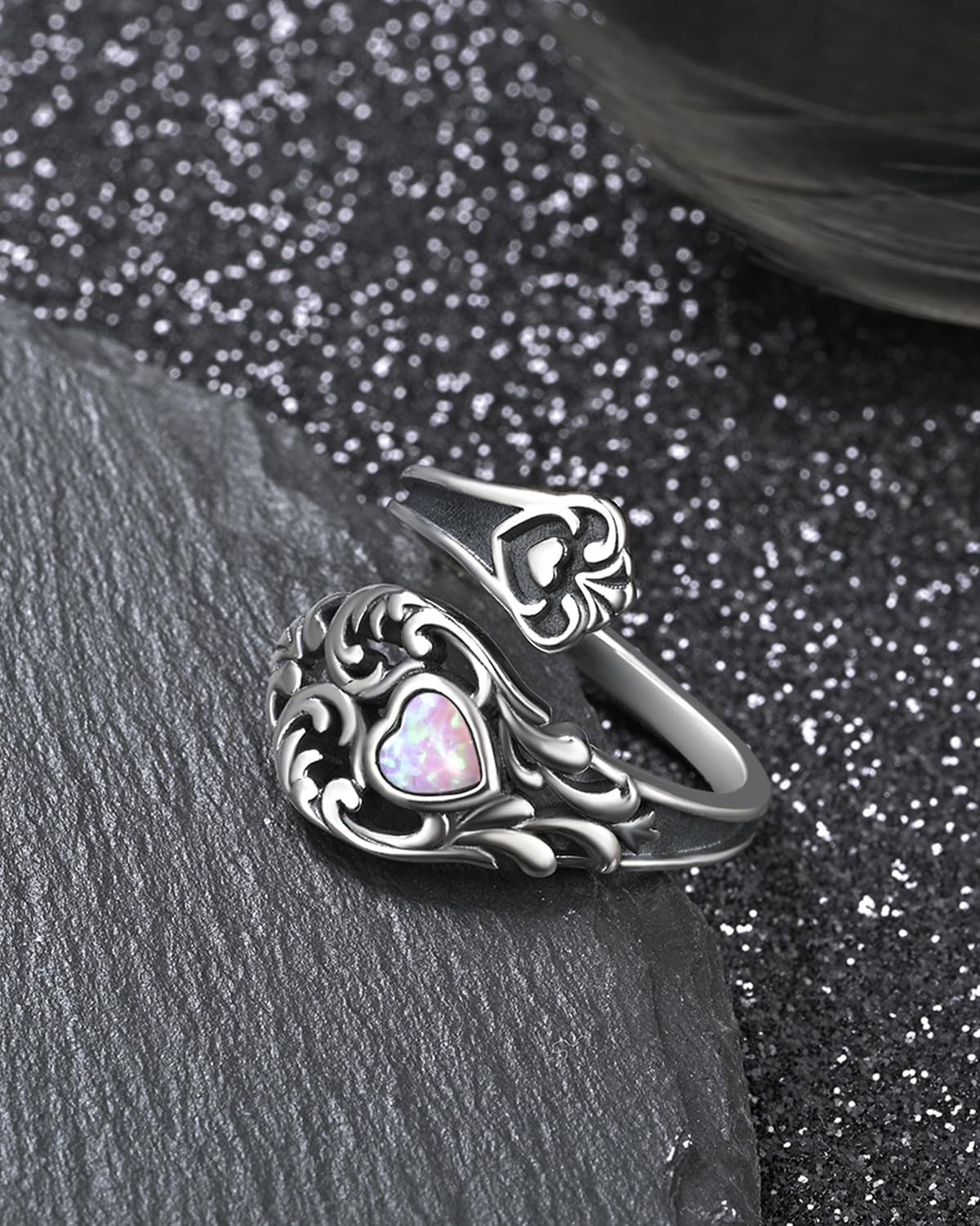Sterling Silver Opal Spoon Ring for Women: Vintage Victorian Adjustable Flower Thumb Ring, Antique S925 Floral Statement Ring Jewelry Gift for Mom Daughter Sister Friend