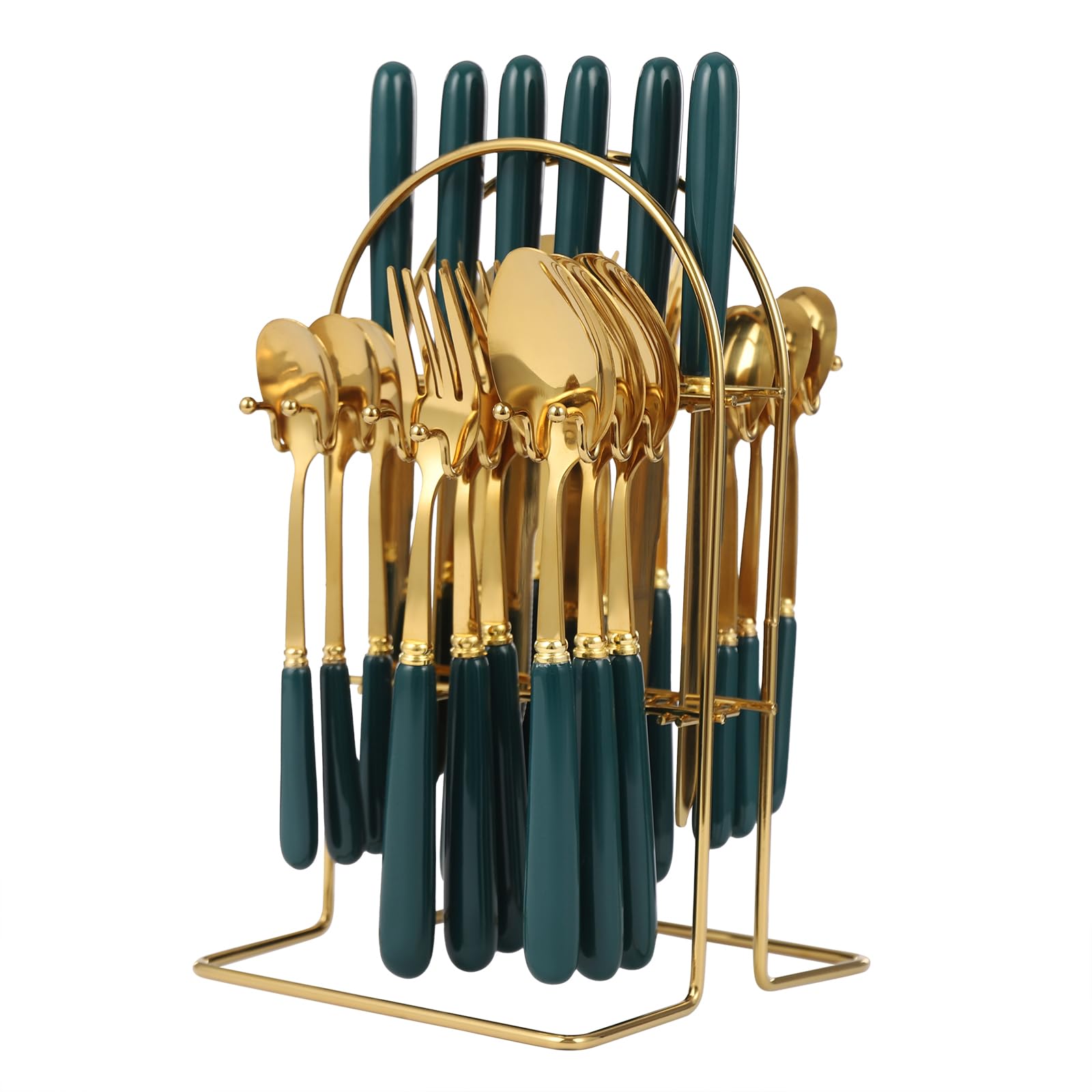 OUBUBY 24PC Cutlery Dinner Tableware Set Stainless Steel Silverware with Hanging Stand for 6 Person, Mirror Polishing Flatware Set Service Includes Forks, Spoons, Forks Tea Spoons (Gold+ Dark Green)