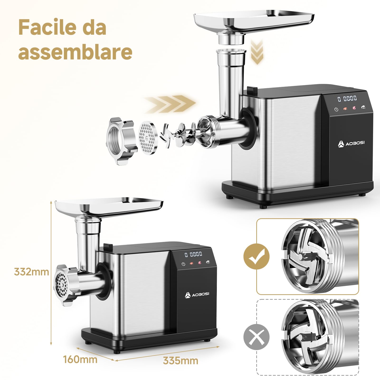AAOBOSI Tritacarne Elettrico [3000W MAX] Con Display LED, 3 Velocità, Tritacarne Con Sistema Anti-Ostruzione,Scatola Portaaccessori Interna, Può Fare Salsicce & Kibbe, Ideale Per Casa