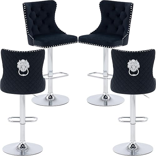 Orirsnug Juego de 2 taburetes de bar modernos con respaldo copetudo con tirador de anillo, taburetes altos giratorios ajustables de terciopelo con