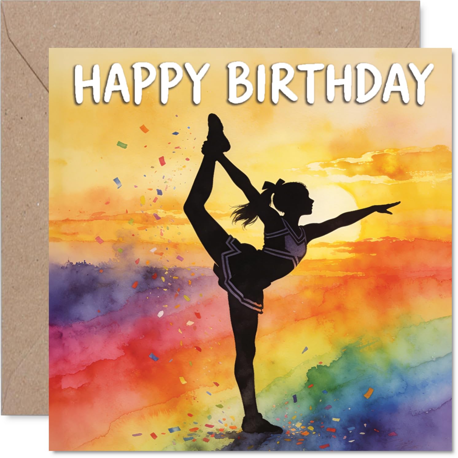 Playful Birthday Card - Bursting with Birthday Spirit - Cheerleader Silhouette on Vibrant Rainbow Backdrop - Adds a Lively Pop to the Celebration - 145mm Square, Envelope Included
