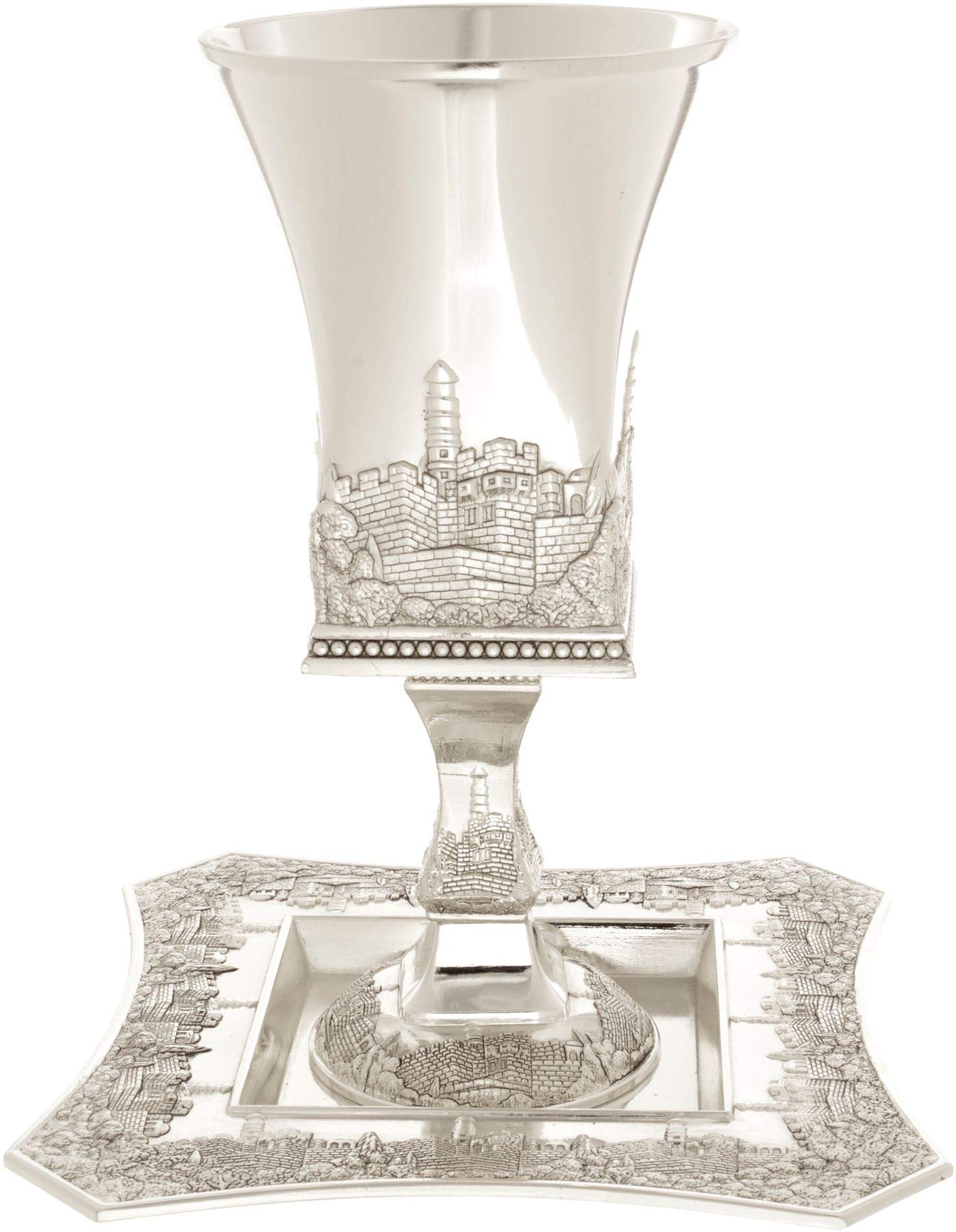 Silver Plated Square Jerusalem Design Kiddush Wine Cup and Tray
