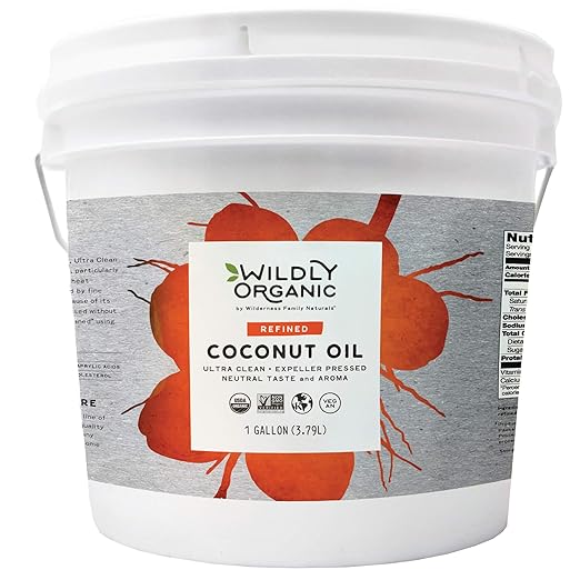 Wildly Organic Refined Coconut Oil 128 Fl Oz, 1 Gallon - Organic, Non-GMO, Vegan, RBD, MCT, No Coconut Flavor or Aroma (Neutral Flavor), Canola Oil Replacement | Perfect for Skin, Hair, Cooking, & Baking - BPA-Free Container