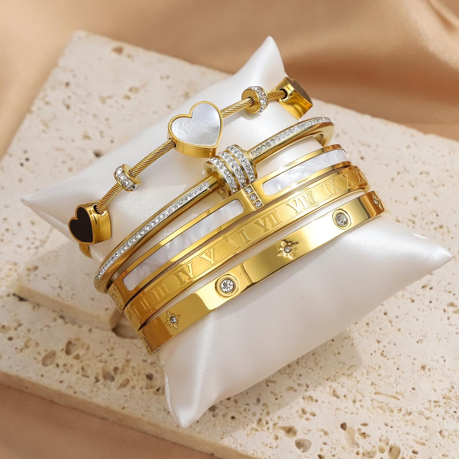 Gold Bangle Bracelets for Women 18K Gold Plated Stainless Steel 5 Pcs Stackable Bangle Bracelet Set Waterproof Non Tarnish Heart Cubic Zirconia Jewelry Gifts for Women