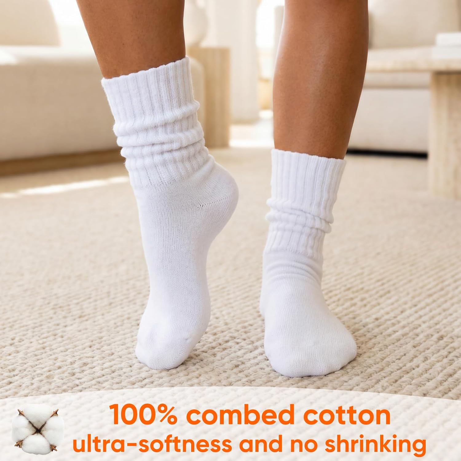 White Slouch Socks for Women Soft and Cozy All Cotton Socks with Double Layer Cuffs Breathable Terry Suits Size 5-9 Cold Winter Socks - Image 6