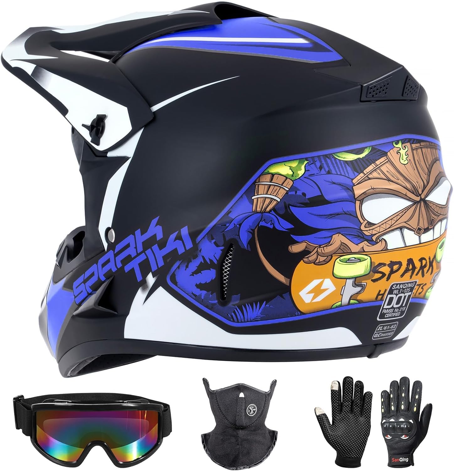 Youth Motocross Helmet Dirt Bike Helmet,ATV Motorcycle Helmet,Outdoor Dirt Bike Helmets,DOT Approved,Off-Road Helmets with Gloves Goggles Face Shield 4-Piece Set BLUE Medium