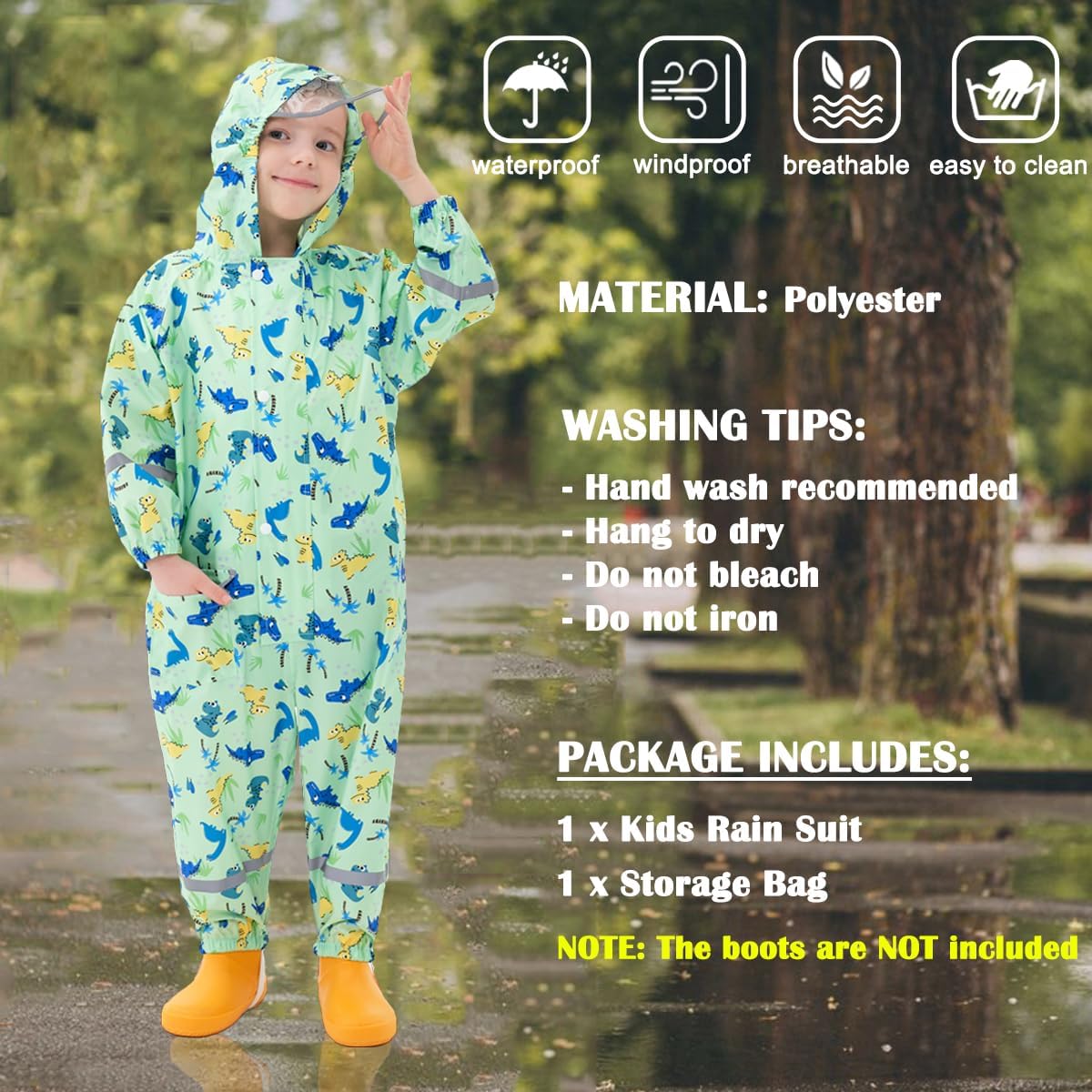 Kids Rain Suit for Boys Girls Toddler Raincoats One Piece Hoodie Cartoon Coverall Waterproof Rainwear 1-10 Years - Image 4