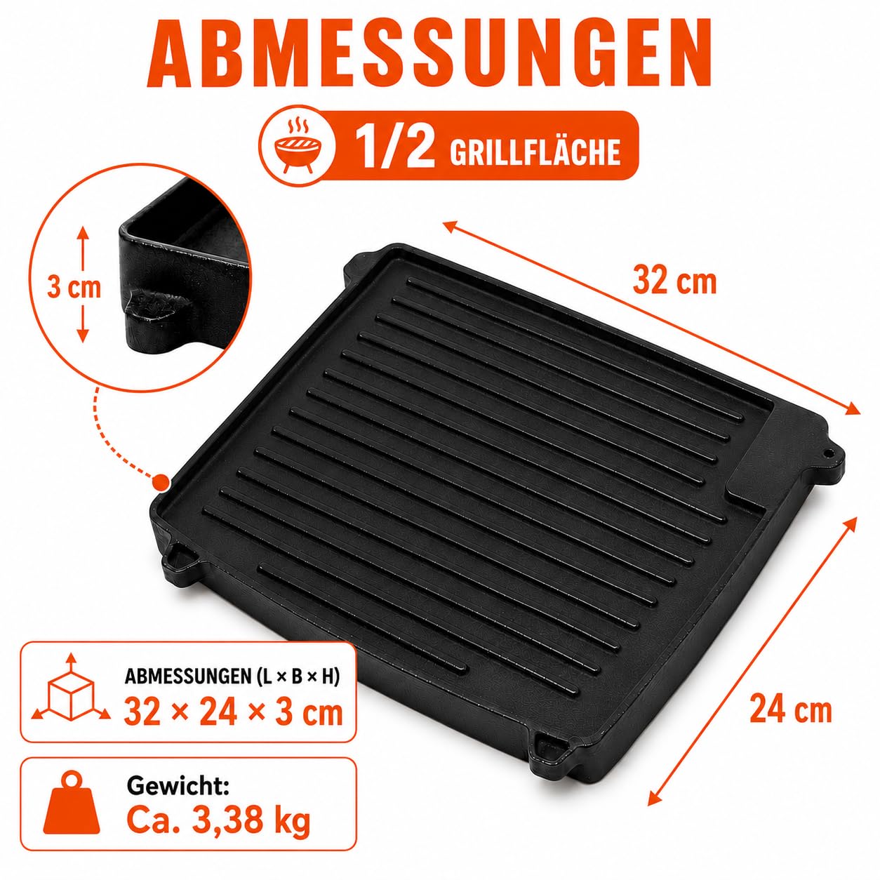 Uniflasy Gusseisen Grillplatte 32 x 24 cm kompatibel mit Enders Urban, Urban Pro, Explorer, Explorer Pro, Guss-Wendeplatte 1/2 Grillfläche, Grillpfanne Plancha 2075, nicht Urban II/Explorer II