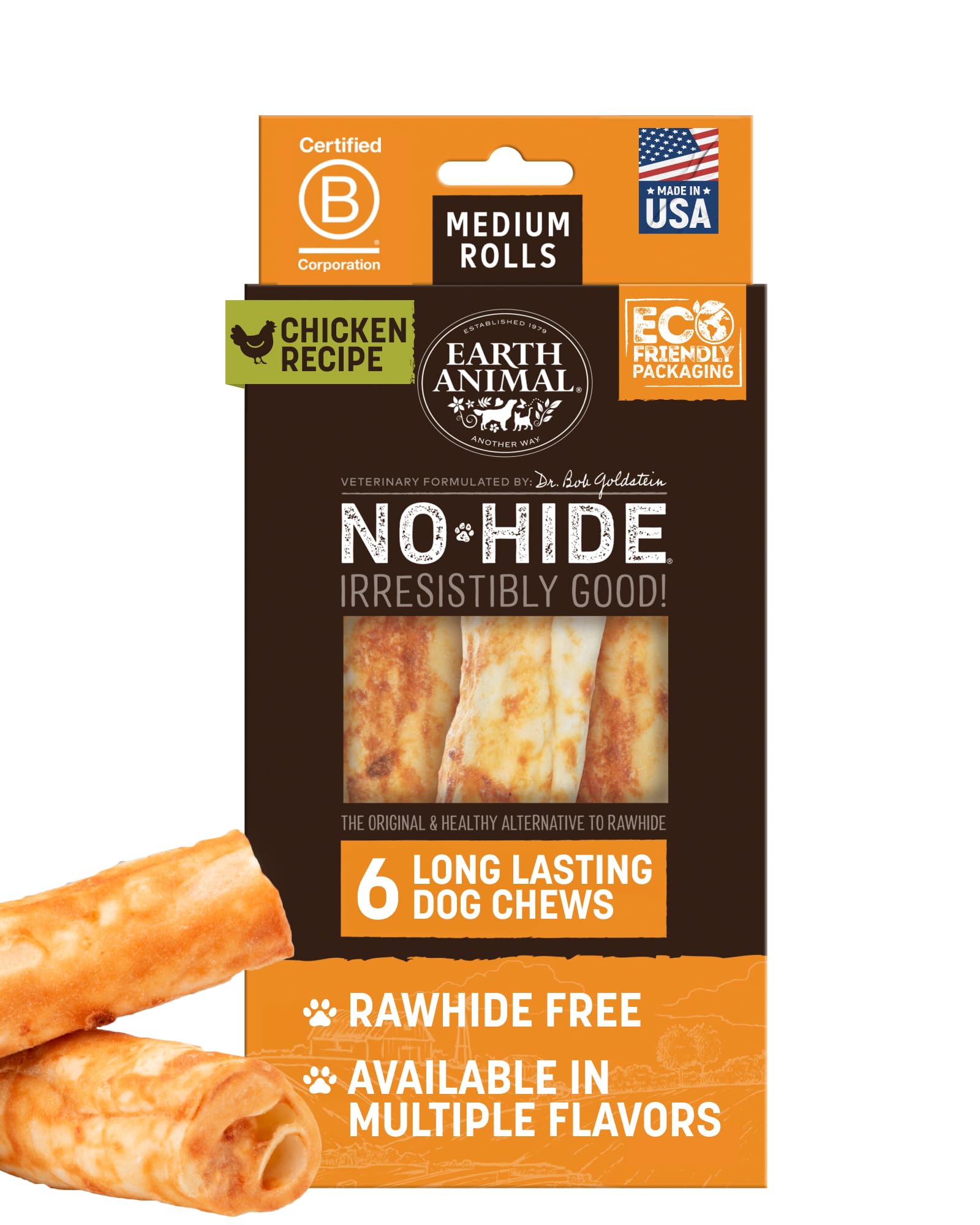 Earth Animal No Hide Chews - Long Lasting Rawhide Free Medium Dog Chews Rolls, Chicken - 6 Count