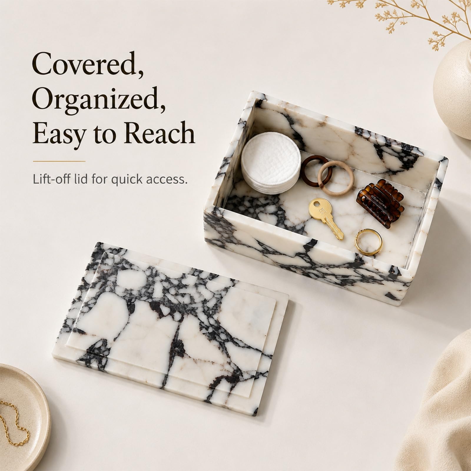 Caja de almacenamiento de mármol de lujo con tapa, patrón de venas blancas y moradas, organizador decorativo para brochas de maquillaje, joyas, accesorios de baño (rectangular)