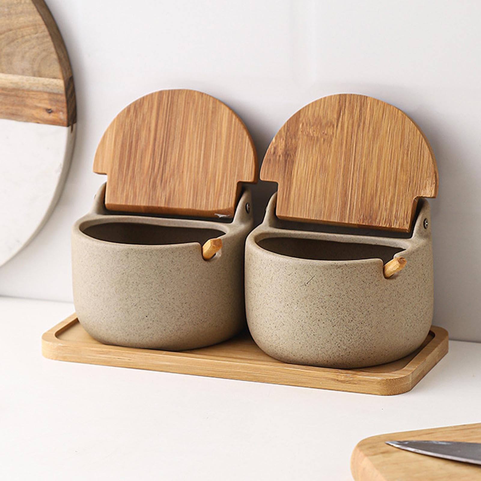 Contenitori Per Il Sale - Cantina Per Il Sale | 2x Porta Sale In Ceramica Con Coperchio A Cucchiaio In Legno, Scatola Per Condimenti, Barattolo Per Condimenti Da Cucina, Porta Sale Per Bancone, Baratt