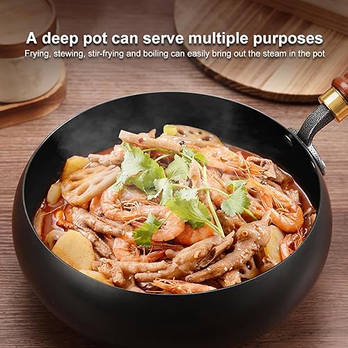 Miniatura 8 de Wok de acero al carbono, woks de 11 pulgadas y sartenes para freír con tapa de vidrio, wok antiadherente de fondo plano, pequeño wok chino hecho a