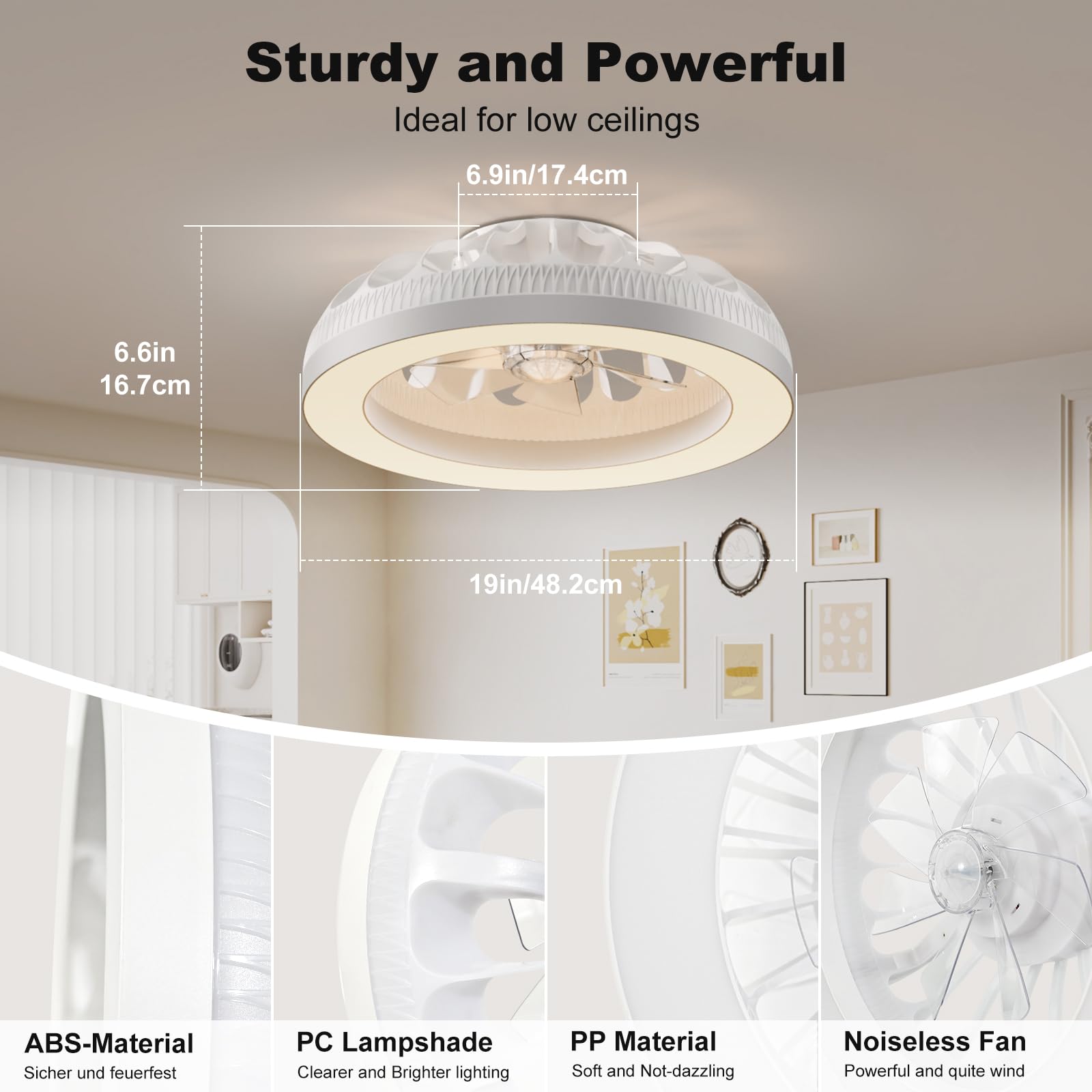 Ateroll Ventilatore Da Soffitto Con Luce, 48 cm Lampada Ventilatore e Telecomando,Dimmerabile 3000K-4000K-6500K-RGB, DC 25W LED 25W, 6 Velocità, Memoria Timer Illuminazione,Modalità Estate e Inverno