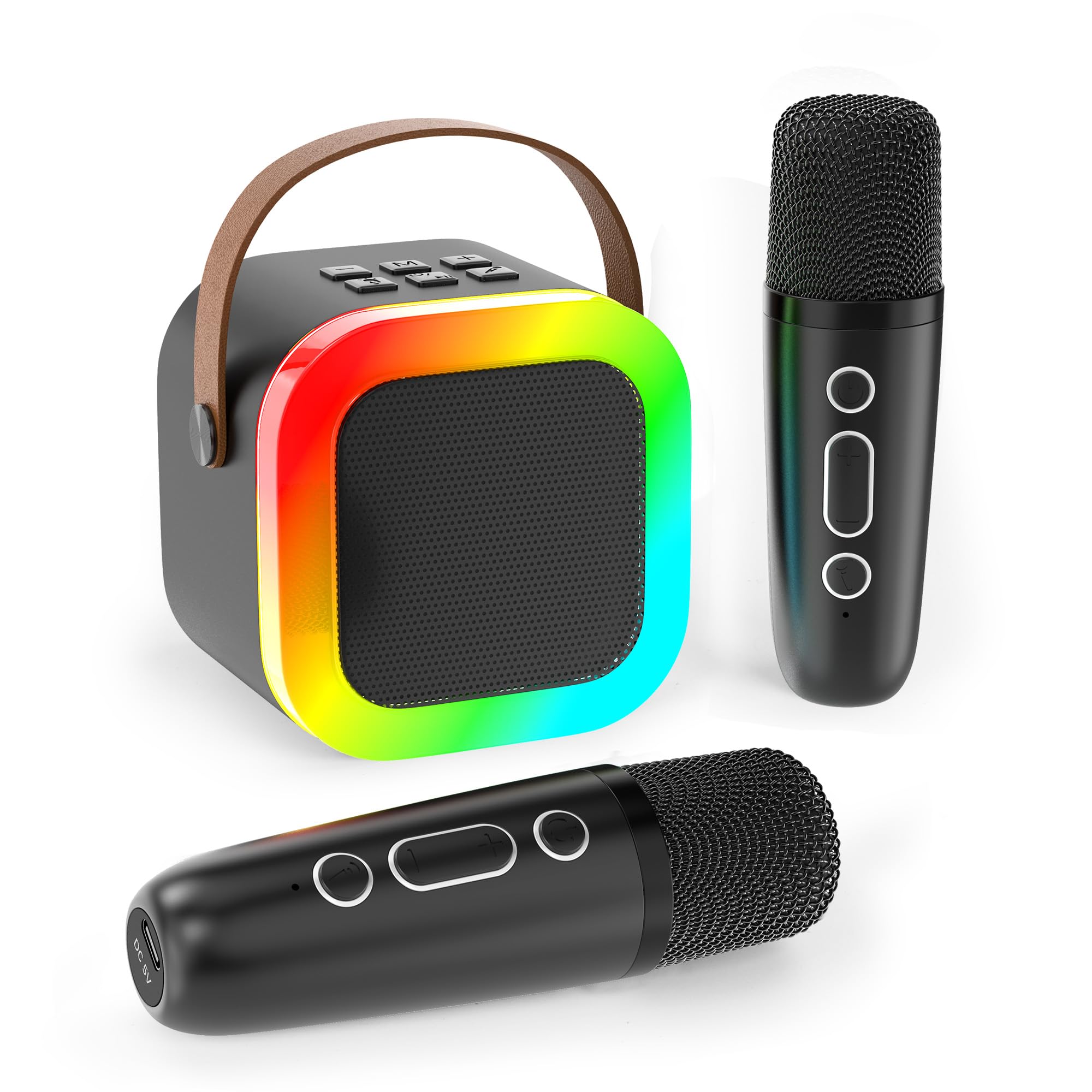 Mini Machine de karaoké pour Enfants et Adultes, Haut-Parleur Bluetooth Portable avec 2 Microphones sans Fil, Cadeaux d'anniversaire pour Filles âgées de 4, 5, 6, 7, 8, 9, 10 Ans et（Black）
