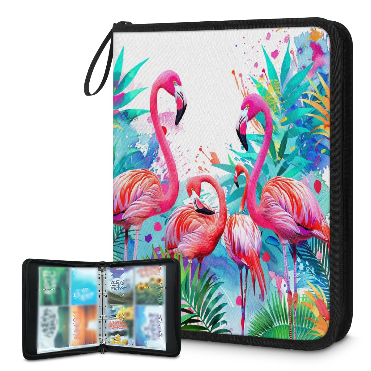 Carpeta para tarjetas de intercambio de 4 bolsillos, diseño de flamencos tropicales, álbum de tarjetas con mangas extraíbles, impermeable, con cremallera, capacidad para 50 páginas y 400 tarjetas