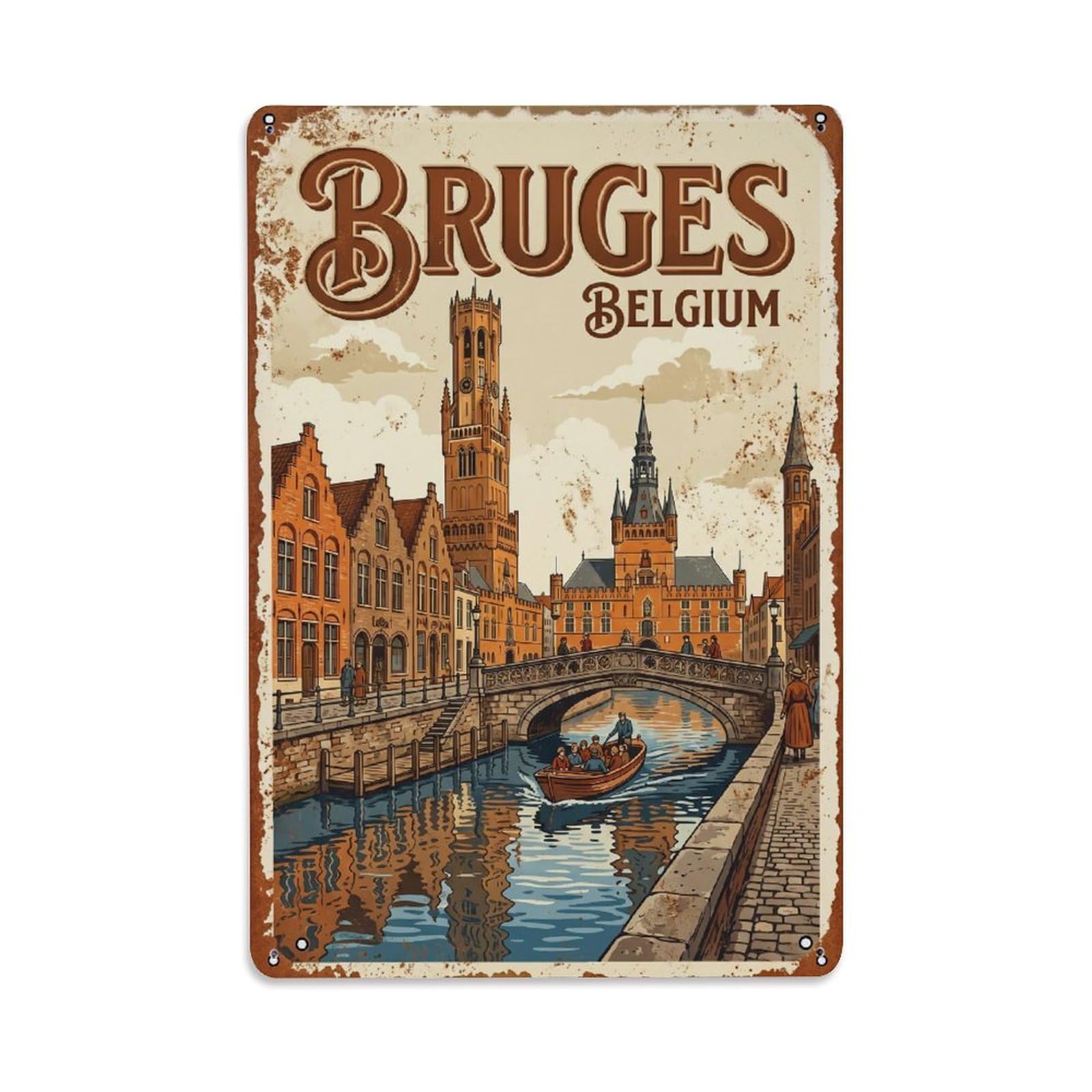 Vintage Travel Bruges Belgium Metal Tin Sign Wall Decor for Cafe, Club, Garden Metal Poster 8x12Inch
