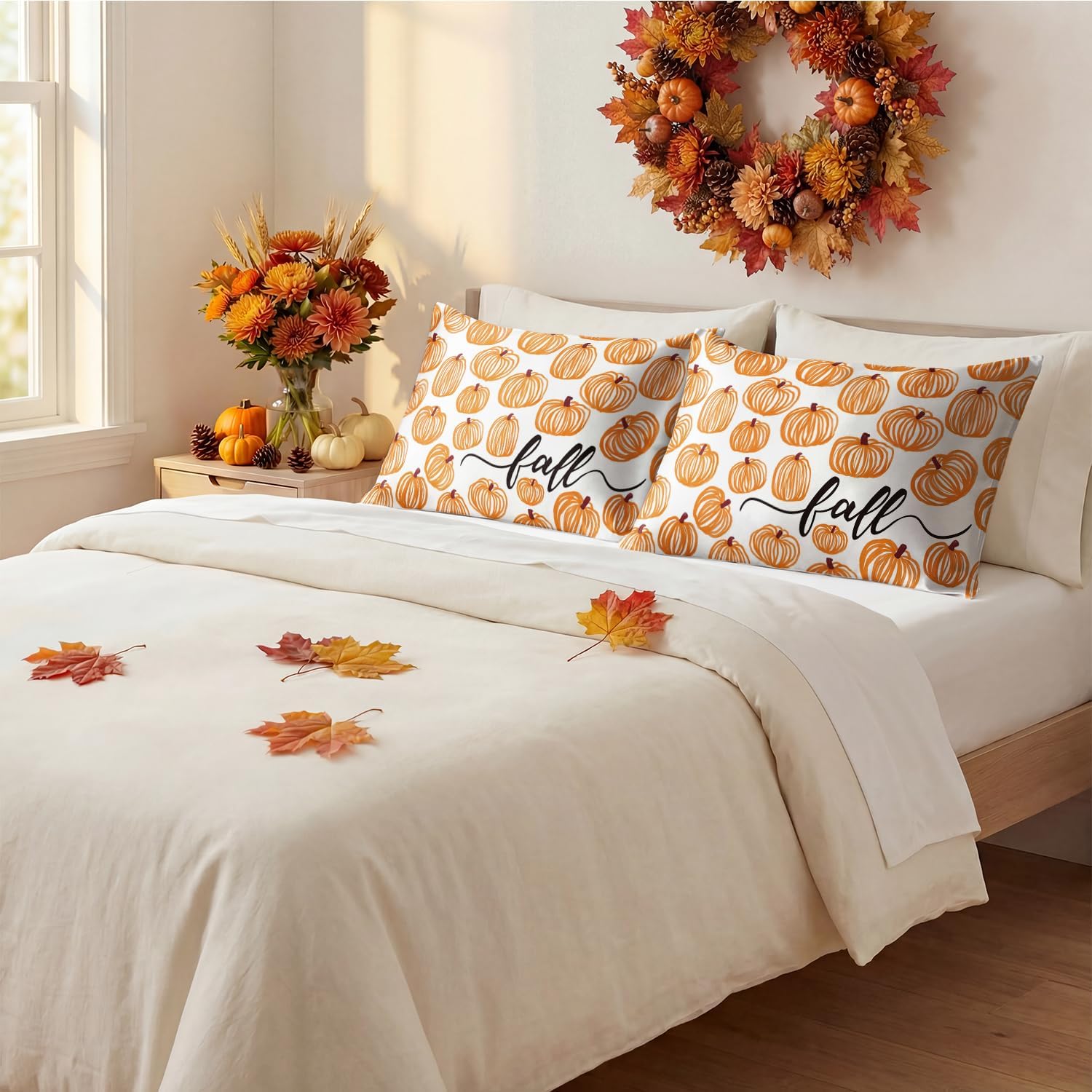 Horaldaily Fall Orange White Pumpkin Standard Size Satin Pillowcases 2PCS