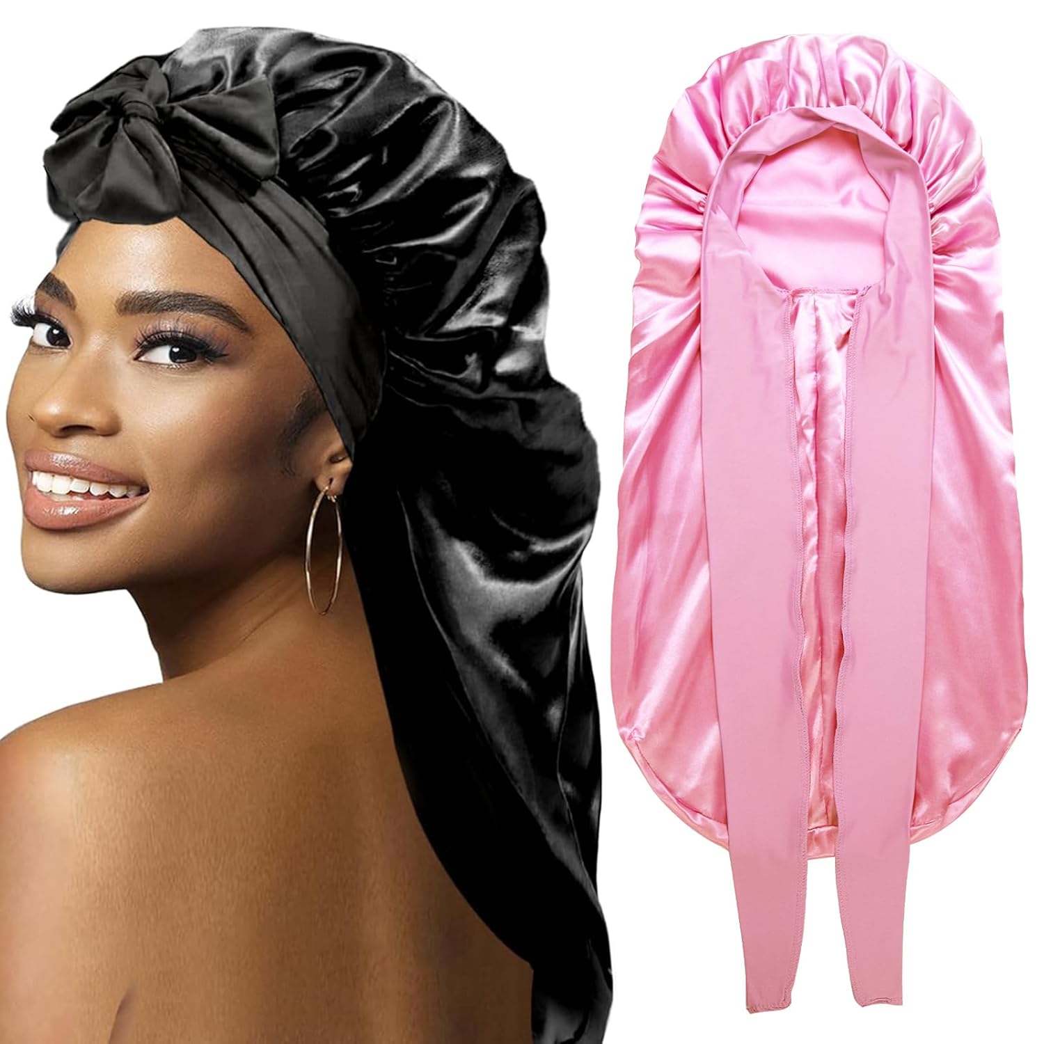 2Pcs Bonnets for Black Women Braid Bonnet, Large Long Satin Bonnet for Braids, Silk Bonnet with Stretchy Tie Band Sleep Cap Hair (2Pcs-Black&Pink) (2pcs-black&pink) Thumbnail